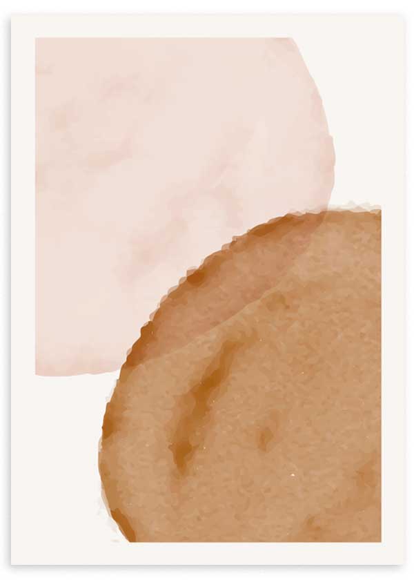 Quadro com formas abstratas orgânicas em bege, areia, terracota suave e rosa empolado, com composição quente e estilo contemporâneo sereno. Disponível em kudeko.com