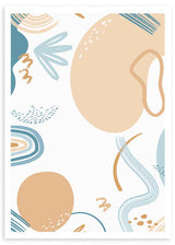 cuadro abstracto con tonos naranjas y azules sobre fondo blanco. Lámina decorativa.