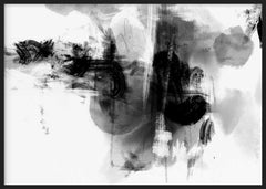 Tableau horizontal avec composition abstraite en blanc, noir et gris, taches diffuses, traits gestuels, superpositions nuancées et contraste marqué sur fond clair, dans un style contemporain épuré. Disponible sur kudeko.com