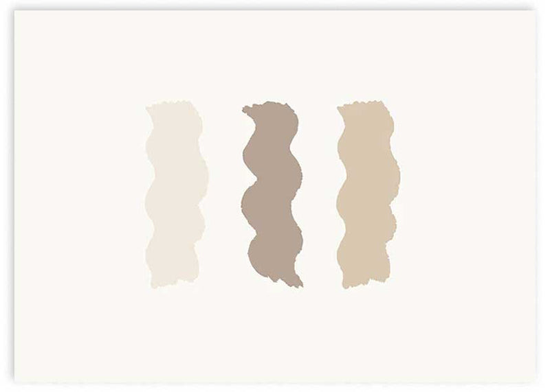 Tableau horizontal avec trois formes ondulées et allongées en beige clair, taupe et sable sur fond blanc, dans un style minimaliste épuré. Disponible sur kudeko.com