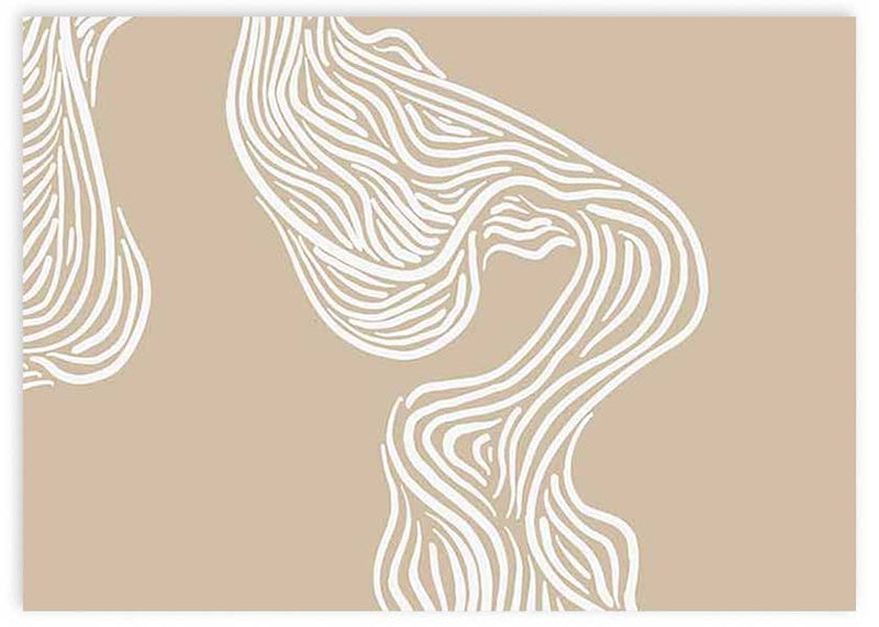 Cuadro horizontal de ilustración abstracta en tonos beige oscuro y trazos blancos. Una obra alegre de la colección de Laras.