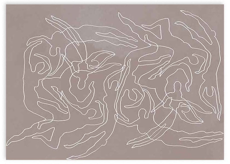 Horizontales Wandbild mit Schwimmersilhouetten in weißen Linien auf taupefarbenem Hintergrund, fließende Komposition im abstrakten Stil mit ruhiger Wirkung als gerahmte Wanddekoration. Erhältlich auf kudeko.com