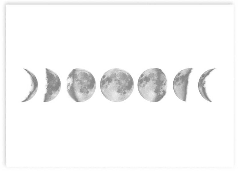 Cuadro horizontal ilustración de fases de la luna. Con fondo blanco, esta lámina decorativa minimalista combinará sin problemas con otras obras en blanco y negro.