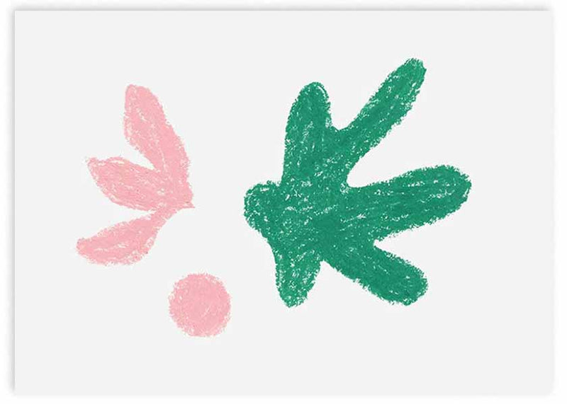 Tableau horizontal avec formes abstraites organiques en rose pastel et vert soutenu sur fond blanc, figure étoilée, feuilles stylisées, cercle et style moderne abstrait. Disponible sur kudeko.com