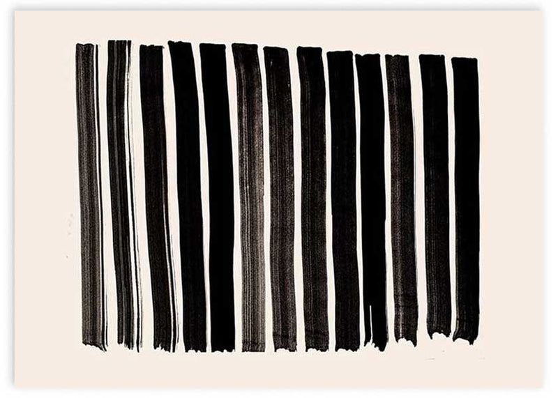 Cuadro horizontal con franjas negras verticales irregulares sobre fondo beige claro, contraste sobrio de estilo minimalista. Disponible en kudeko.com