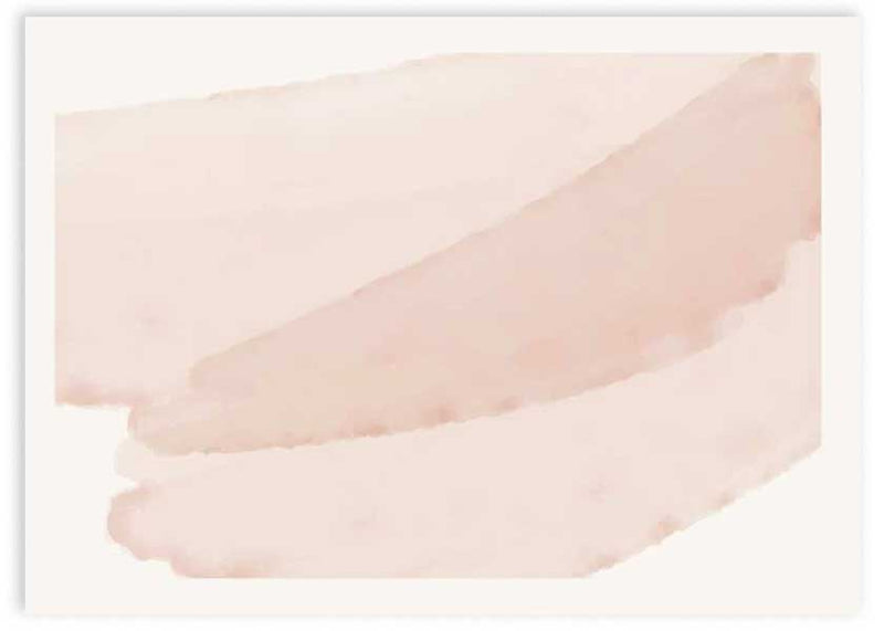 Quadro horizontal com composição abstrata de formas suaves em rosa pó, bege claro e pêssego, fundo luminoso e linguagem visual serena de estilo abstrato. Disponível em kudeko.com
