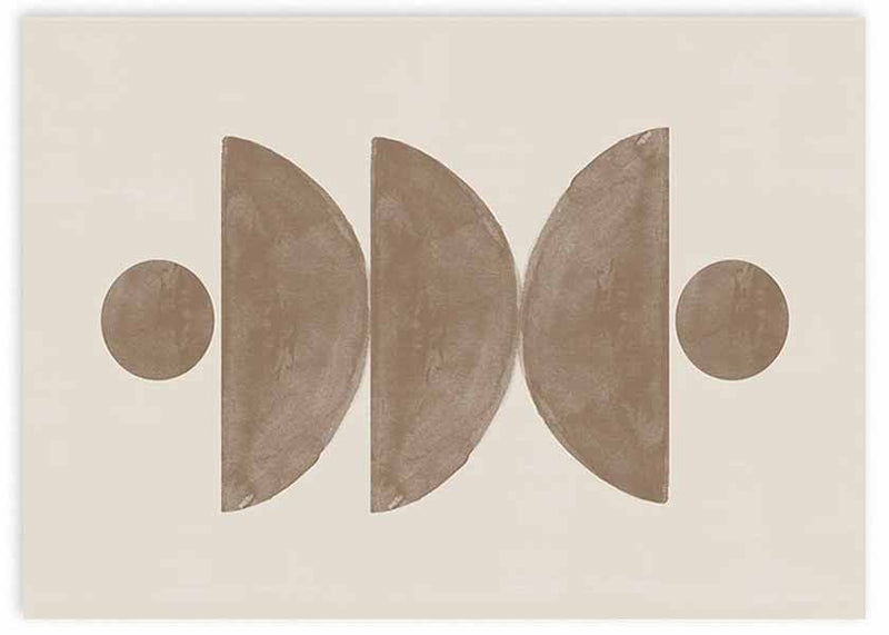 Tableau horizontal avec demi-cercles et cercles en beige, sable et brun taupe sur fond crème, dans un style géométrique bohème et contemporain. Disponible sur kudeko.com