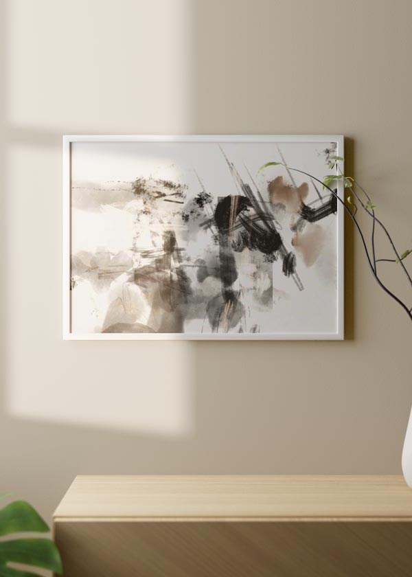 Cuadro horizontal abstracto de ilustración en tonos beige y negro. Combina este cuadro con el resto de su colección Paint Explosion para crear el mural perfecto.