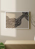 Cuadro horizontal de ilustración abstracta de trazos en negro sobre fondo marrón verdoso. Una obra alegre de la colección de Laras.