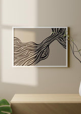 Cuadro horizontal de ilustración abstracta de trazos en negro sobre fondo marrón verdoso. Una obra alegre de la colección de Laras.