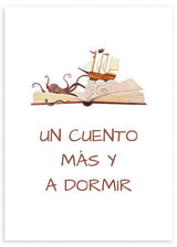 cuadro infantil con frase "un cuento más y a dormir". Lámina decorativa infantil con frase para dormir. Marco negro