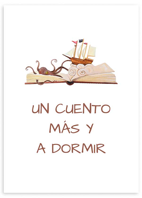 cuadro infantil con frase "un cuento más y a dormir". Lámina decorativa infantil con frase para dormir. Marco negro