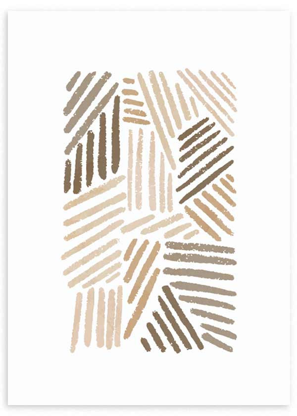 Quadro com traços abstratos em blocos geométricos bege, areia, taupe e castanho sobre fundo branco, de estilo moderno e sereno. Disponível em kudeko.com