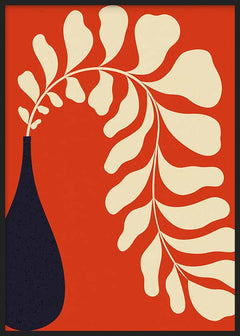 Tableau avec vase sombre, grande branche de feuilles crème, fond rouge, formes organiques et style minimaliste pour décoration murale encadrée. Disponible sur kudeko.com