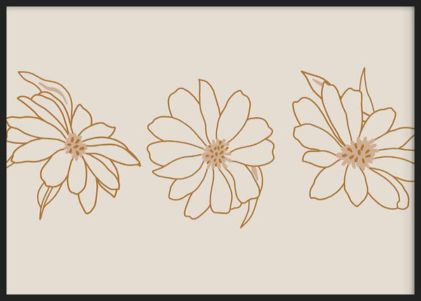 Tableau encadré avec trois fleurs dessinées au trait en brun doux sur fond beige clair, composition légère de style illustration florale, naturelle et équilibrée. Disponible sur kudeko.com