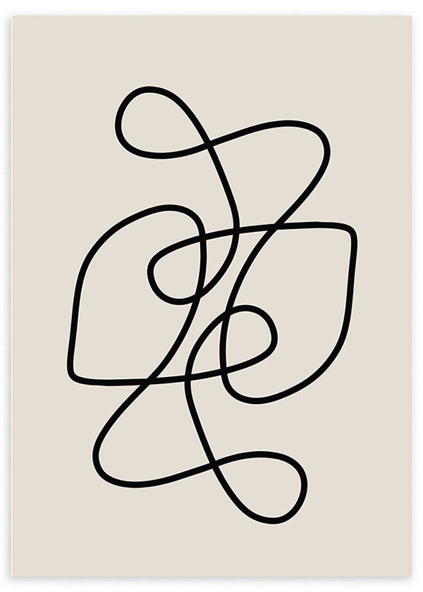 Wandbild mit durchgehender schwarzer Linie, abstrakten Kurven und Schleifen auf hellbeigem Hintergrund, klare minimalistische Komposition für moderne Wandgestaltung. Erhältlich auf kudeko.com