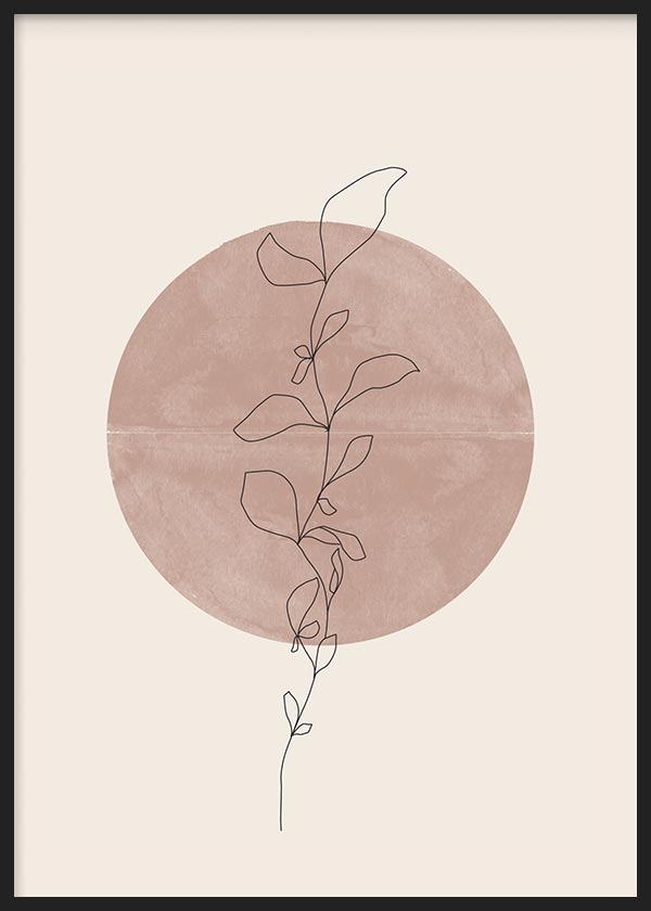 Cuadro con flor botánica de línea negra, círculo rosa empolvado, fondo beige claro y composición limpia de estilo minimalista. Disponible en kudeko.com
