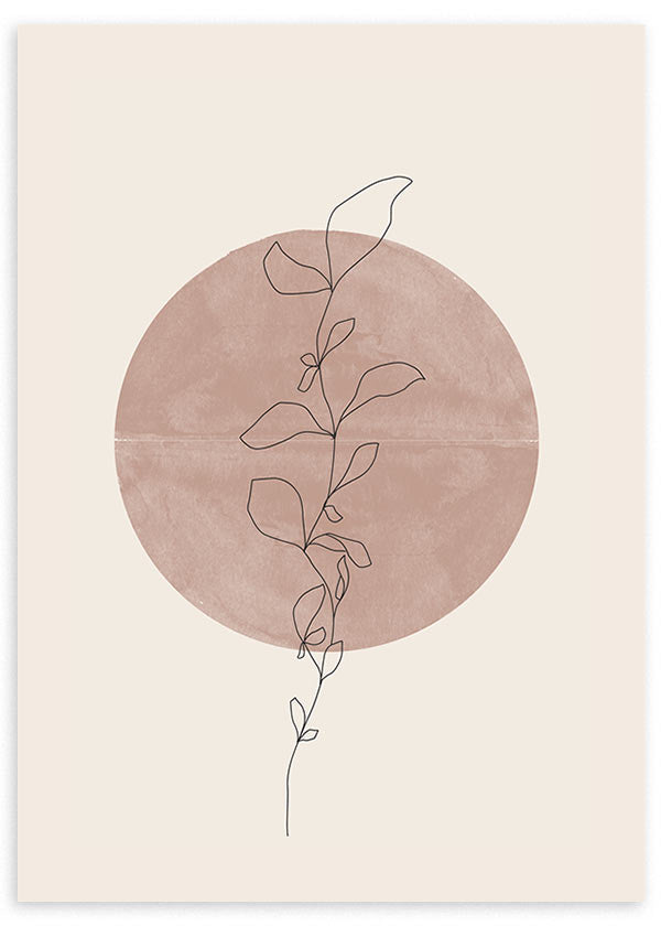 Tableau encadré avec fleur botanique au trait noir, grand cercle rose poudré, fond beige clair et composition épurée de style minimaliste, pour une décoration murale douce et naturelle. Disponible sur kudeko.com