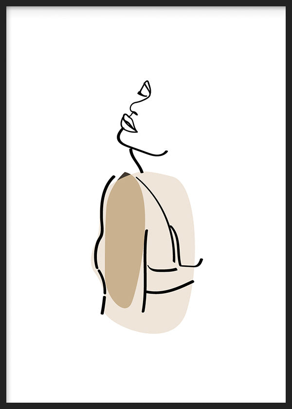 Tableau encadré avec silhouette féminine en ligne continue noire, fond blanc, formes organiques beige et sable, style minimaliste et décoration murale contemporaine. Disponible sur kudeko.com