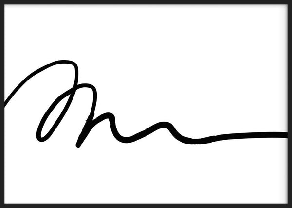 Horizontales Wandbild mit durchgehender schwarzer Linie auf weißem Hintergrund, klare abstrakte Komposition, starker Kontrast und minimalistischer zeitgenössischer Stil. Erhältlich auf kudeko.com