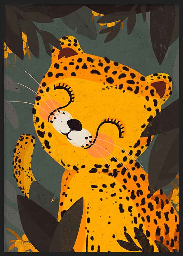 cuadro lámina decorativa de ilustracion infantil de leopardo, colorido - kudeko