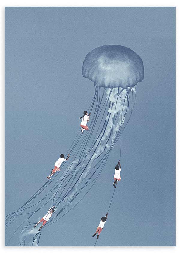 lámina decorativa vintage de collage de niños subiendo por medusa - kudeko