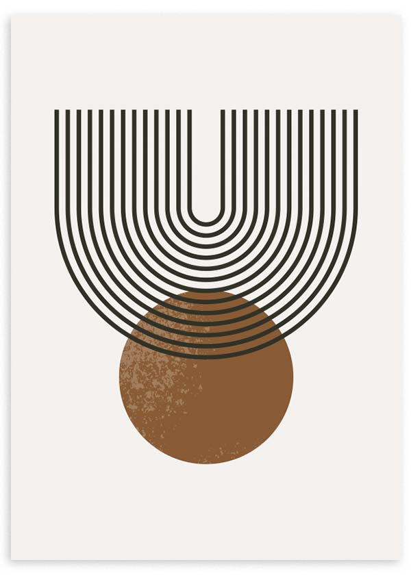 Tableau encadré avec demi-arcs en lignes noires, cercle brun terre texturé, fond crème et composition géométrique symétrique au style épuré. Disponible sur kudeko.com