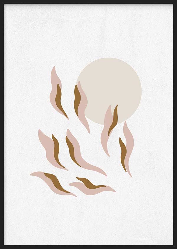 Tableau avec formes organiques évoquant des pétales, en rose poudré, beige et brun torréfié, autour d’un cercle clair, dans un style minimaliste et épuré. Disponible sur kudeko.com
