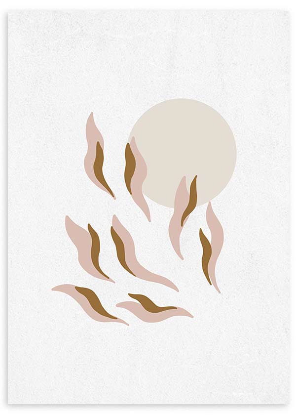 Tableau avec formes organiques évoquant des pétales, en rose poudré, beige et brun torréfié, autour d’un cercle clair, dans un style minimaliste et épuré. Disponible sur kudeko.com