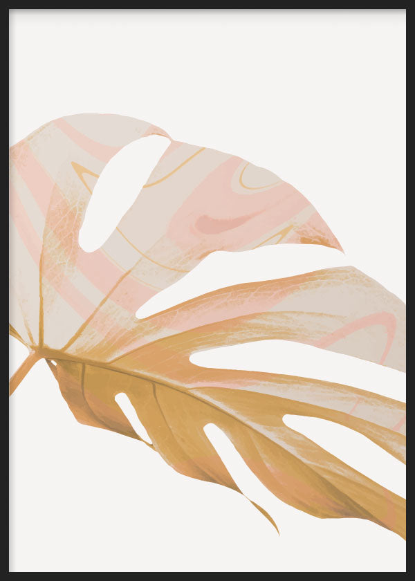 Cuadro de hoja de monstera en tonos dorados, beige y rosa suave sobre fondo blanco, con estilo floral elegante y composición limpia. Disponible en kudeko.com