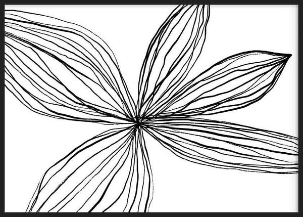 Quadro horizontal com grande flor de pétalas alongadas em linhas pretas sobre fundo branco, composição limpa em preto e branco de estilo minimalista contemporâneo. Disponível em kudeko.com