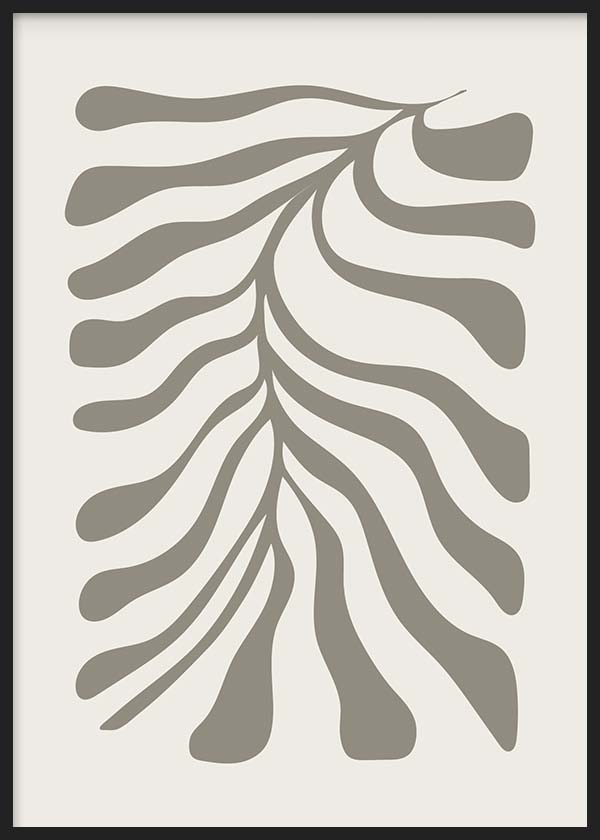 Tableau encadré avec branche botanique aux formes organiques allongées en gris taupe sur fond beige clair, dans un style minimaliste et épuré. Disponible sur kudeko.com