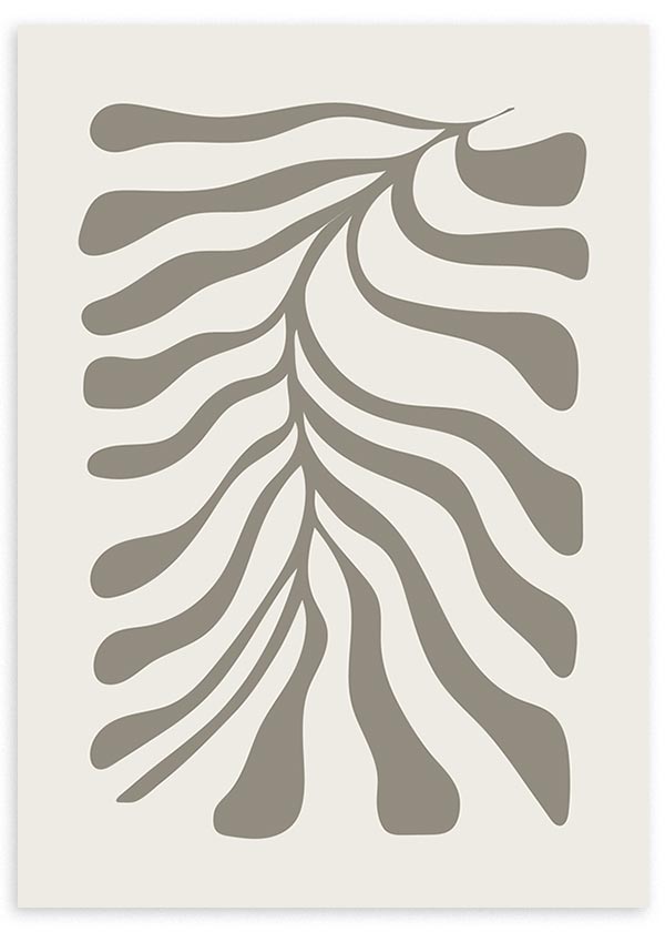 Tableau encadré avec branche botanique aux formes organiques allongées en gris taupe sur fond beige clair, dans un style minimaliste et épuré. Disponible sur kudeko.com