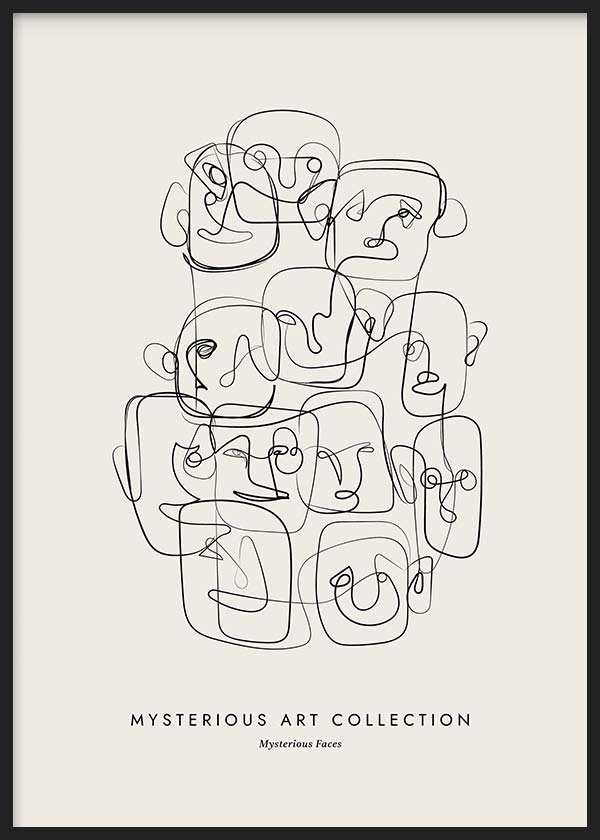 Quadro com rostos abstratos sobrepostos, linha preta contínua sobre fundo bege claro, composição moderna de estilo minimalista e traços depurados. Disponível em kudeko.com