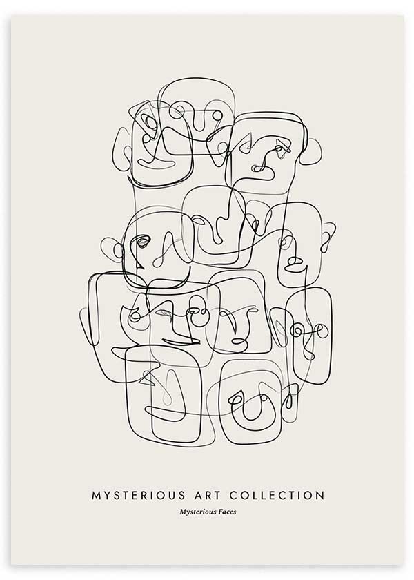Cuadro de rostros abstractos superpuestos con línea negra continua sobre fondo beige claro, composición moderna de estilo minimalista. Disponible en kudeko.com