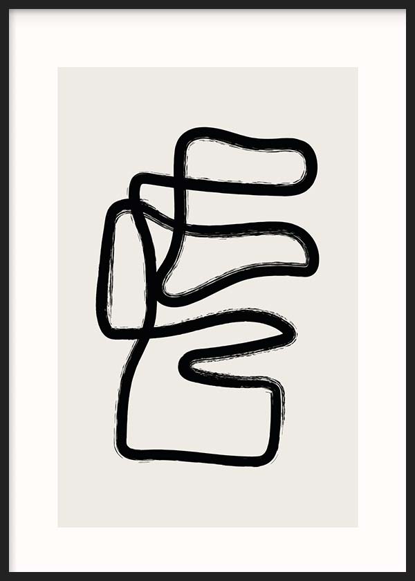 Cuadro con figura abstracta de líneas negras continuas, curvas orgánicas amplias sobre fondo beige claro y estilo abstracto contemporáneo. Disponible en kudeko.com