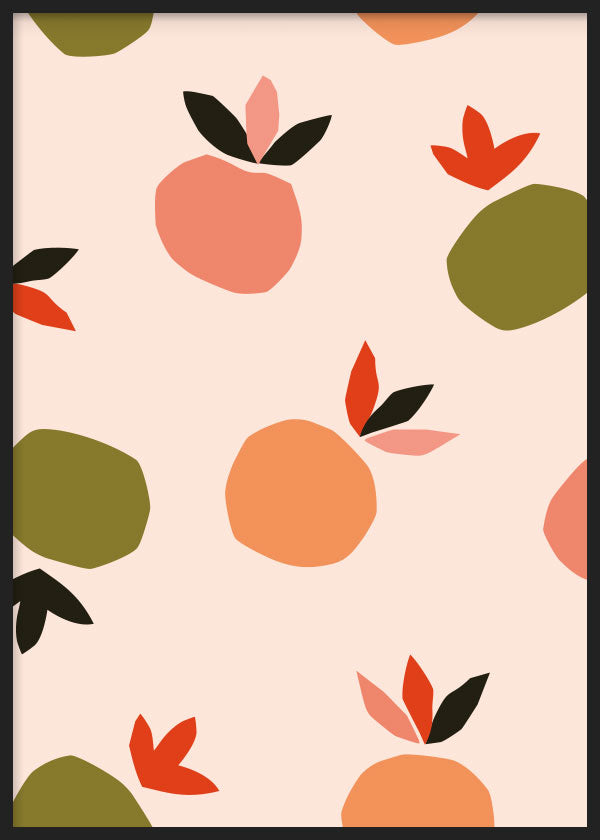Cuadro con naranjas y hojas de formas simples en tonos coral, melocotón, verde oliva, rojo y negro, sobre fondo beige, de estilo minimalista. Disponible en kudeko.com