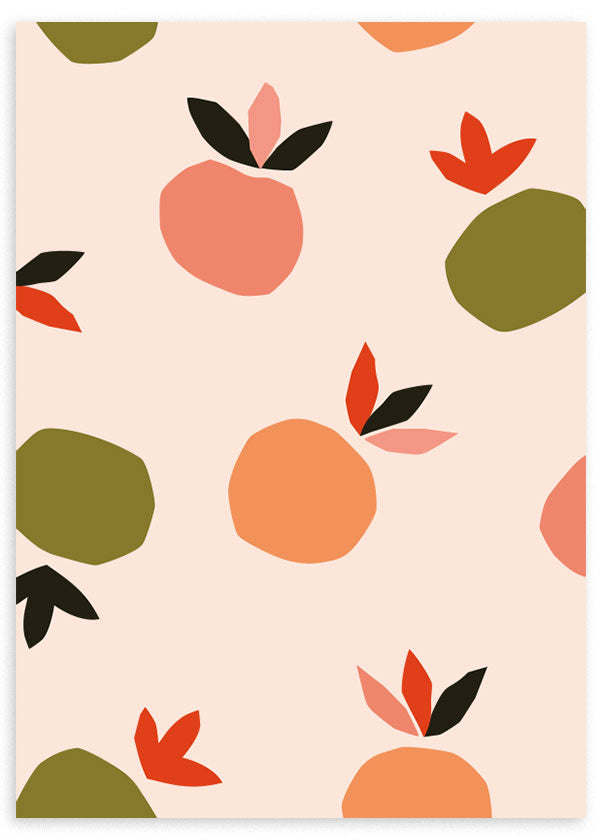 Tableau encadré avec oranges et feuilles aux formes simples, tons corail, pêche, vert olive, rouge et noir, sur fond beige, style minimaliste. Disponible sur kudeko.com