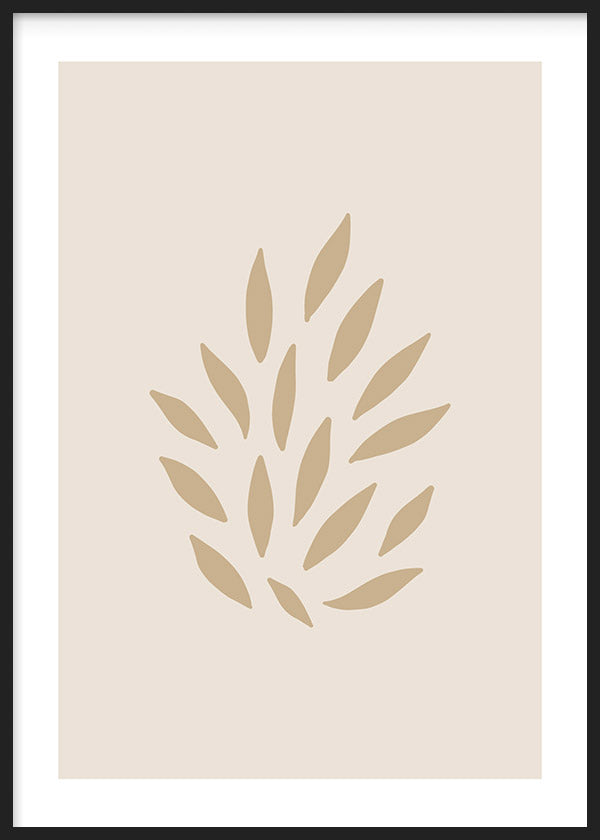 Tableau encadré avec feuilles abstraites en tons beige, sable et crème, composition botanique aux formes organiques épurées, style minimaliste et contemporain. Disponible sur kudeko.com