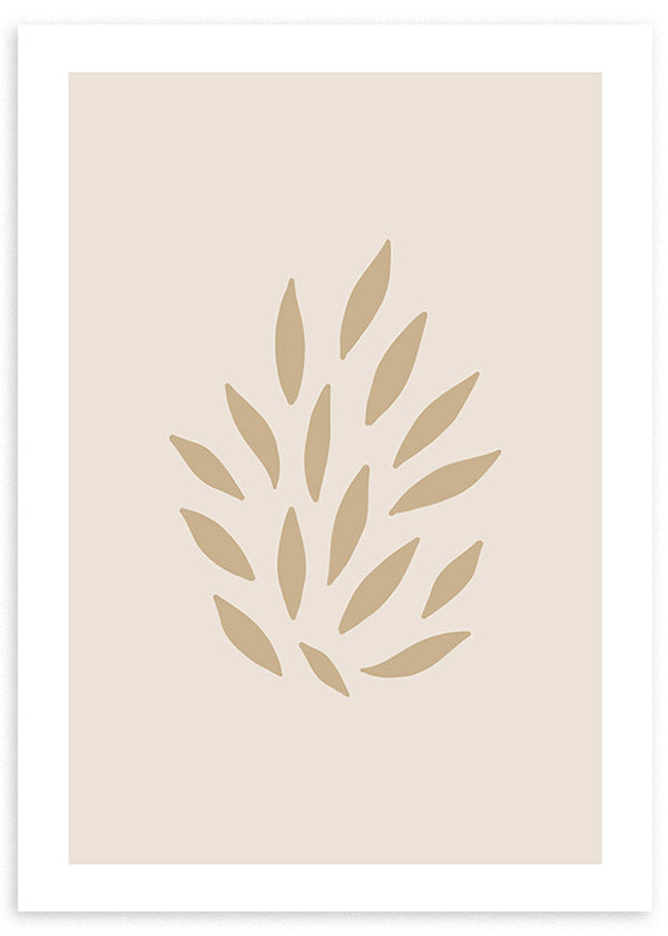 Cuadro con hojas abstractas en tonos beige, arena y crema, composición botánica de formas orgánicas limpias y estilo minimalista. Disponible en kudeko.com