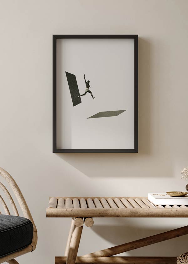 decoración con cuadros, ideas - lámina decorativa de estilo vintage de collage de hombre saltando - kudeko