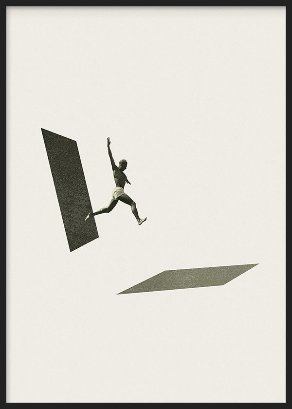 Tableau encadré avec silhouette d’athlète en saut, formes géométriques noires, fond blanc, tons gris et style minimal conceptuel à message motivant. Disponible sur kudeko.com