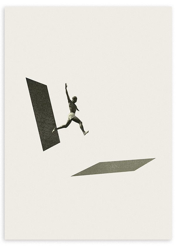 Quadro emoldurado com silhueta de atleta em salto, formas geométricas pretas, fundo branco, tons cinzentos e estilo minimalista conceptual com mensagem motivadora. Disponível em kudeko.com
