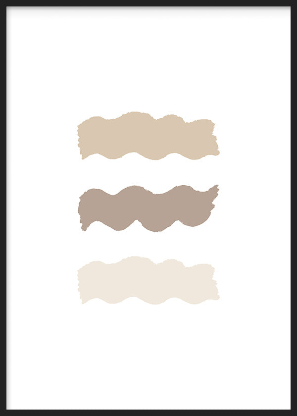 Tableau encadré avec trois formes ondulées superposées en beige, taupe et ivoire sur fond blanc, composition épurée de style minimaliste et contemporain. Disponible sur kudeko.com