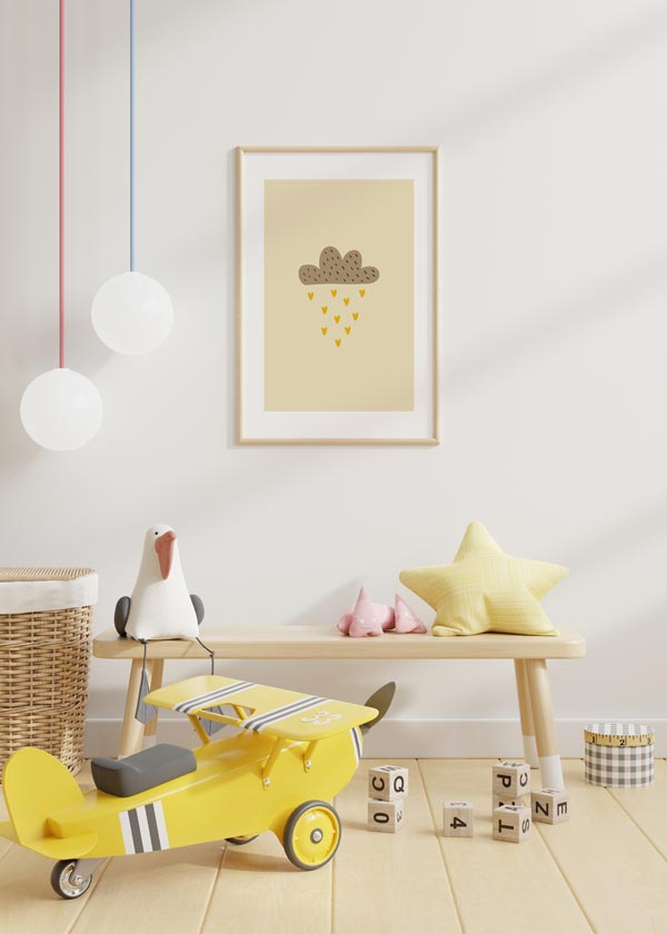 Decoración con cuadros, ideas -  cuadro infantil de nube lloviendo corazones. Ilustración infantil de nube para dormitorio infantil.. Lámina decorativa.