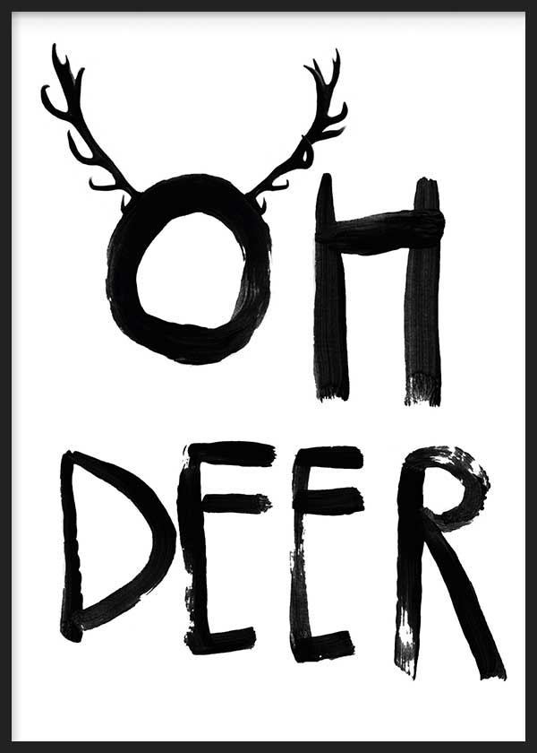 Gerahmtes Wandbild mit Schriftzug Oh Deer in Schwarz auf weißem Hintergrund, O aus Hirschgeweihen, moderner minimalistischer Typografie Stil. Erhältlich auf kudeko.com