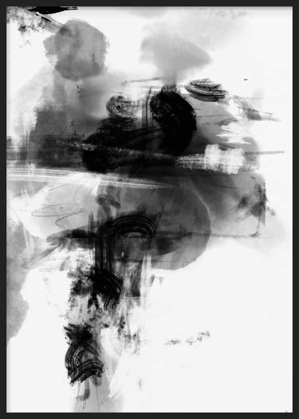 Cuadro composición abstracta en blanco, negro y gris con manchas difusas, formas superpuestas y contraste suave de estilo abstracto. Disponible en kudeko.com