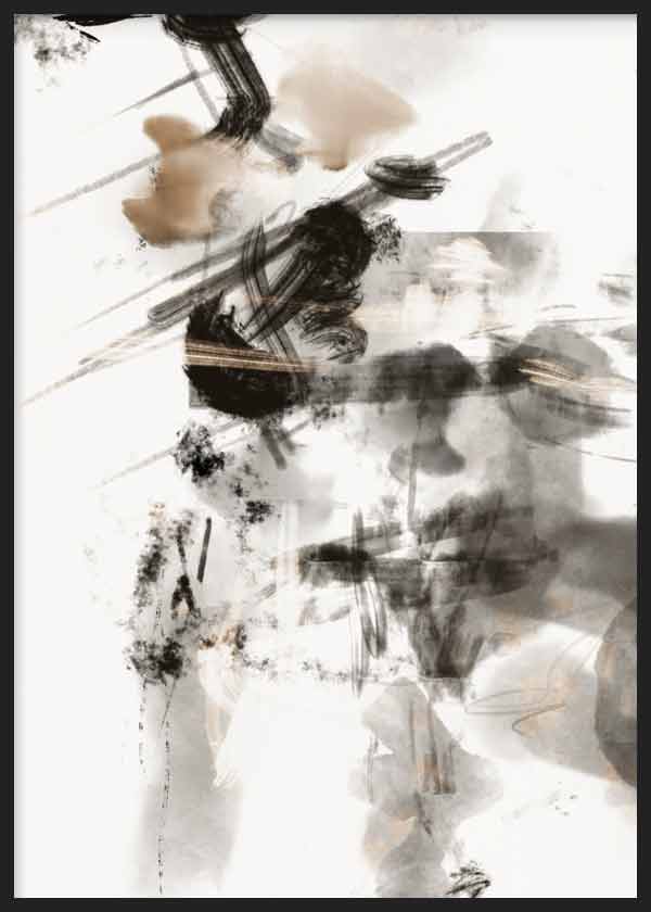 Cuadro con composición abstracta de manchas negras, grises y beige, trazos sueltos, veladuras suaves y formas superpuestas sobre fondo claro, de estilo abstracto. Disponible en kudeko.com
