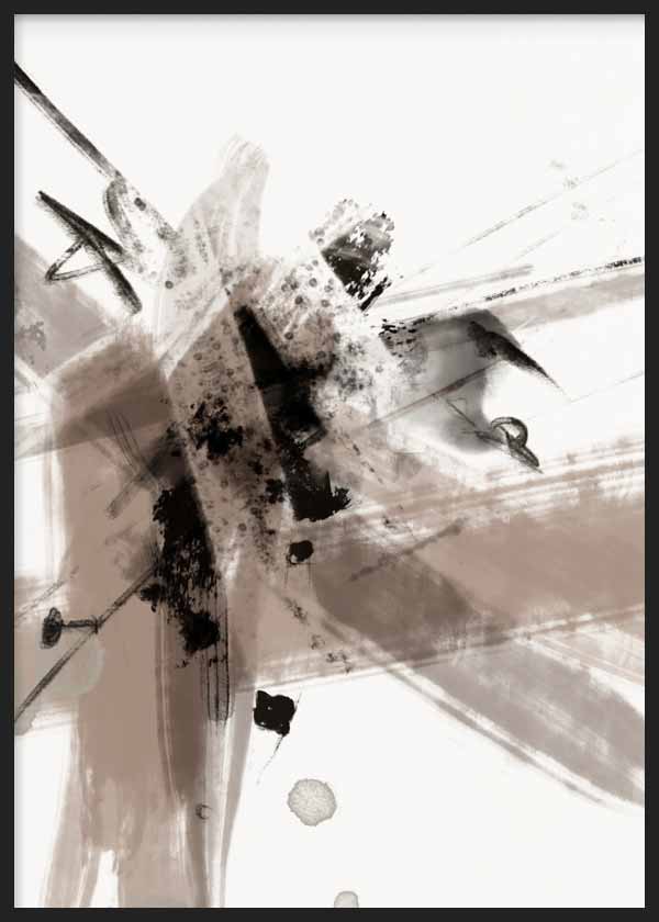 Cuadro de composición abstracta con manchas negras, trazos en beige topo, grises suaves y fondo blanco, de estilo abstracto. Disponible en kudeko.com