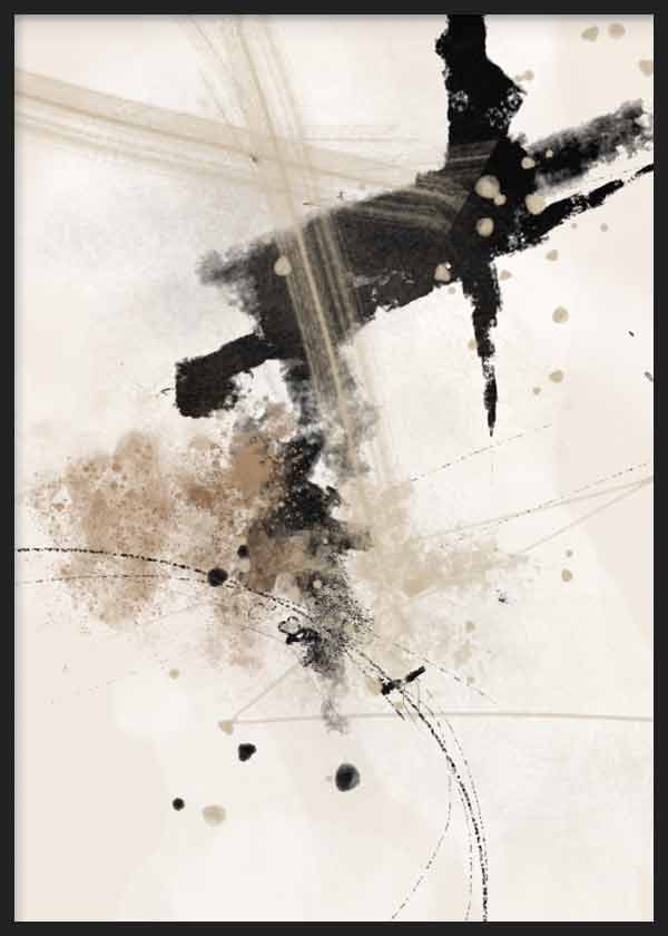 Cuadro con composición abstracta de manchas negras, beige y gris, trazos difusos, salpicaduras suaves y fondo claro de estilo abstracto. Disponible en kudeko.com